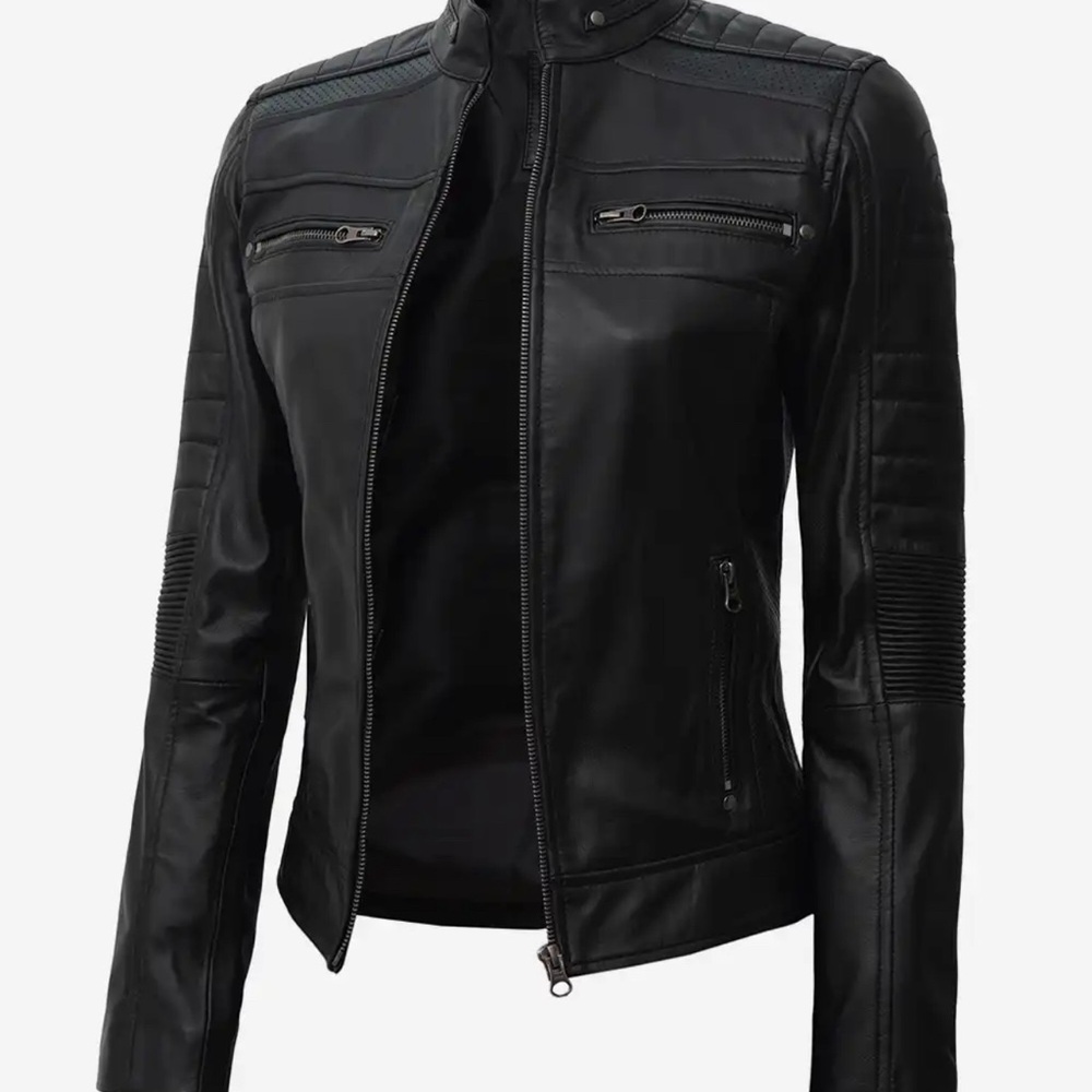 Sleek Black Leather Jacket with Streamlined Fit and Stand-Up Collar